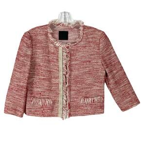 PINKO Blazer 4 ITALY Pink Tweed Jeweled Gold Fringe Silver Open Front Linen-Bld